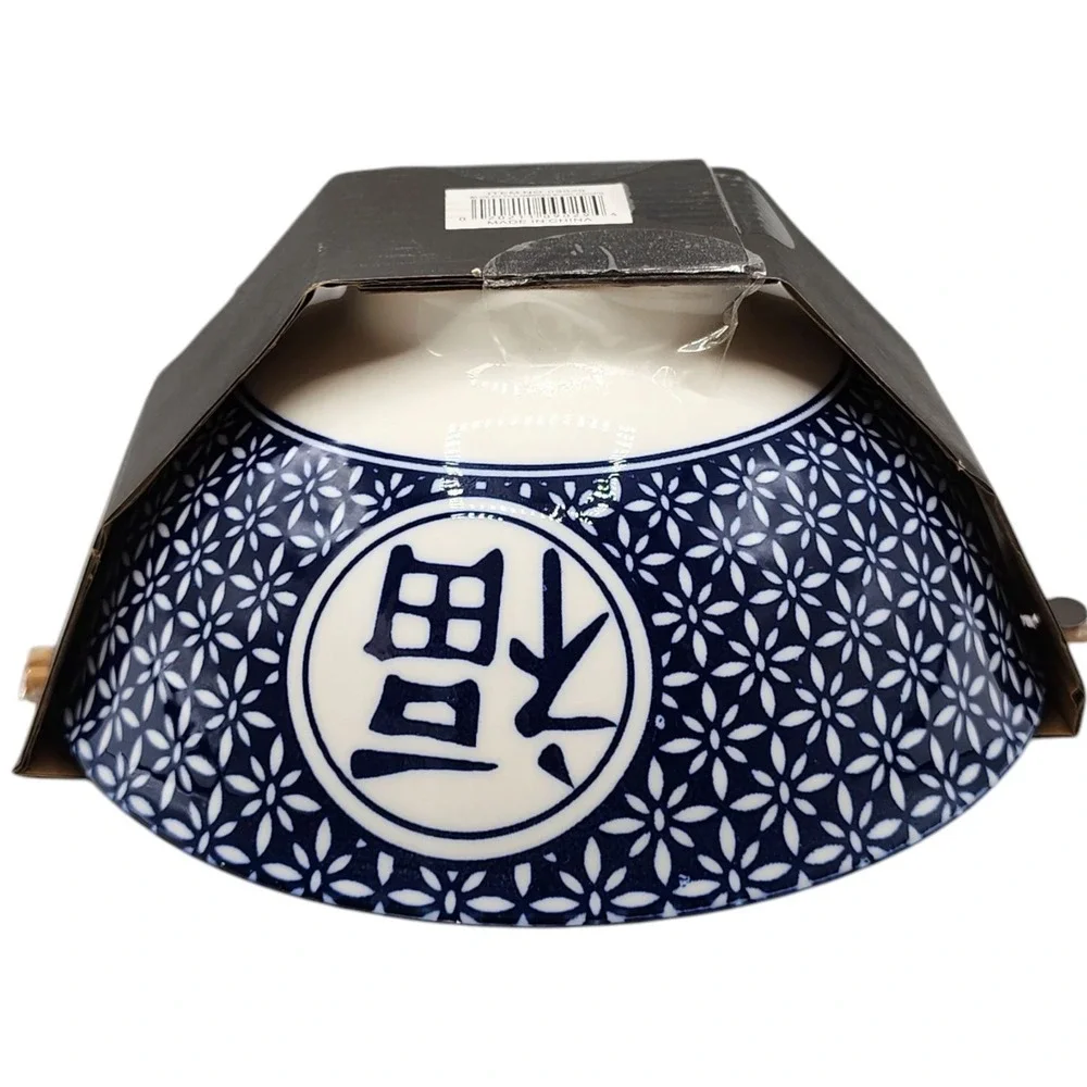 SH Home Blue Fu Floral Ceramic Ramen Noodle Bowl 42oz With 2 Chopstick And Spoon
